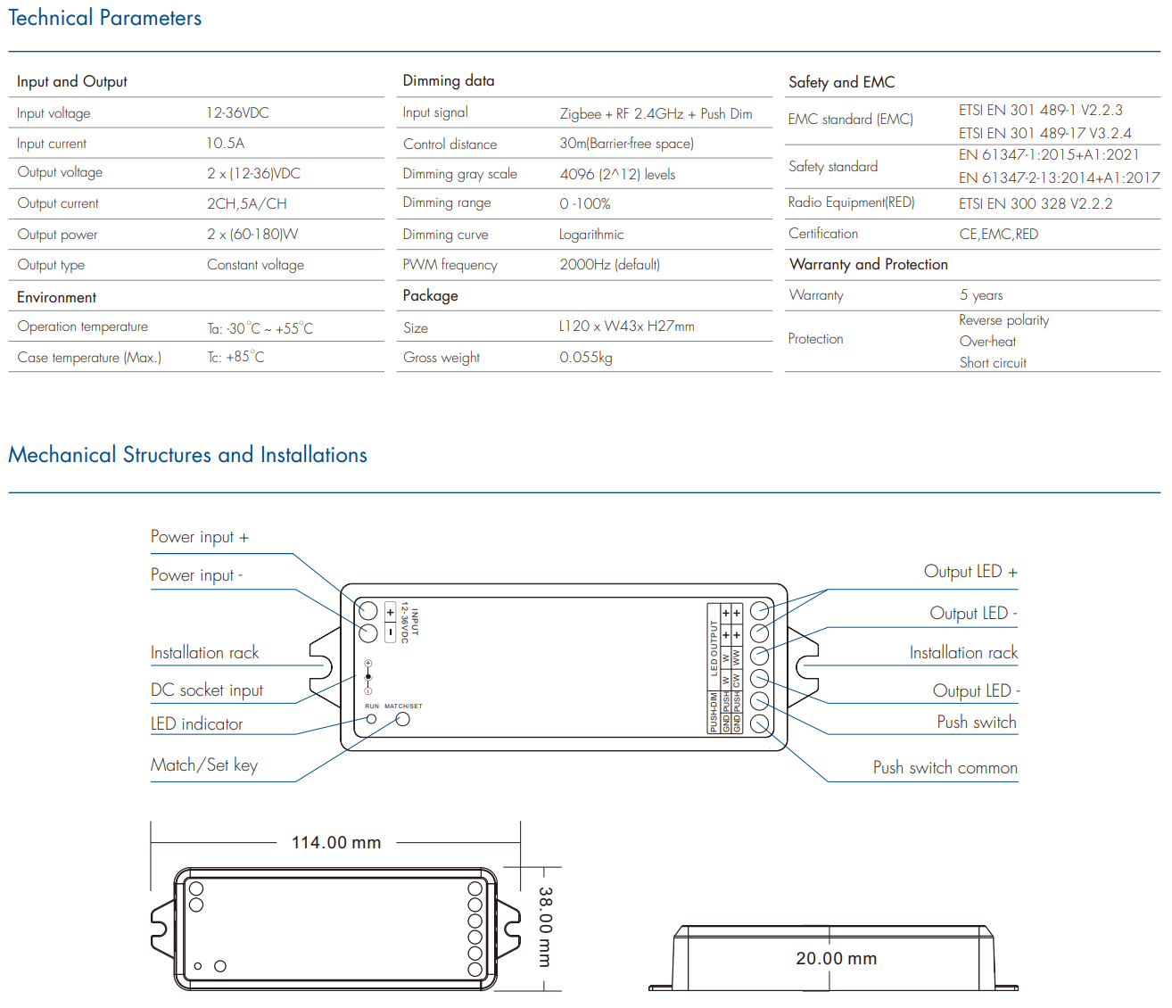 LED Waterproof DMX512 and RDM Decoder - 4 Channel - 5 Amp - 12-36V - Digital Display - DS-WDMX45