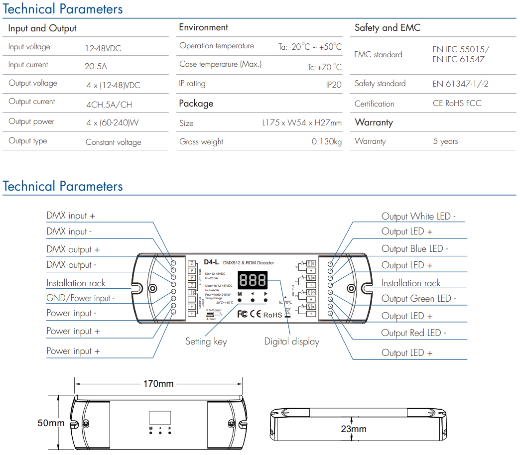 LED Waterproof DMX512 and RDM Decoder - 4 Channel - 5 Amp - 12-36V - Digital Display - DS-WDMX45