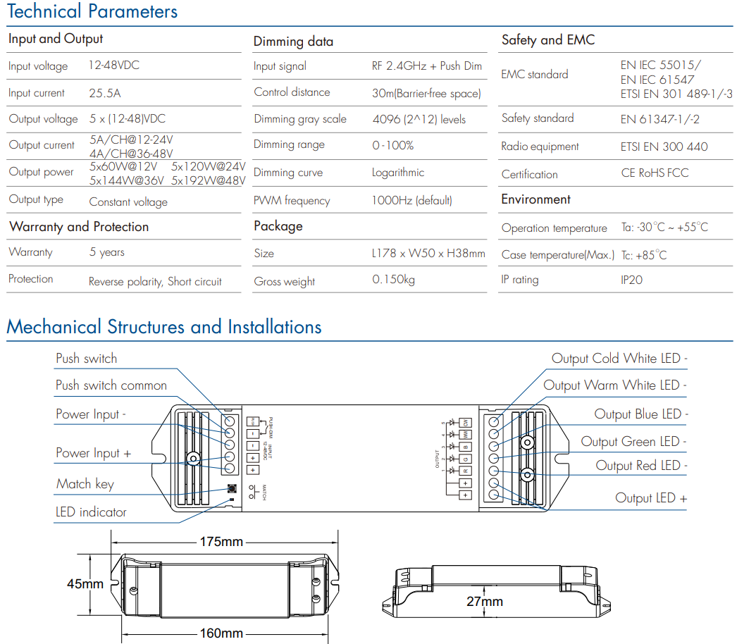 LED Waterproof DMX512 and RDM Decoder - 4 Channel - 5 Amp - 12-36V - Digital Display - DS-WDMX45